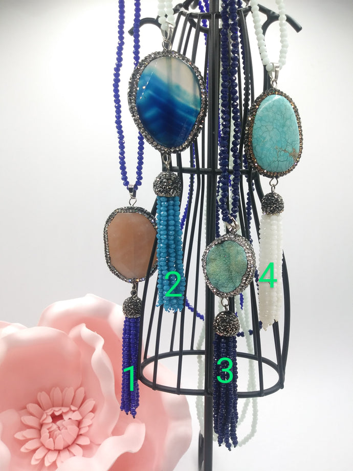 Tassel Crystal w/natural Stone Necklace