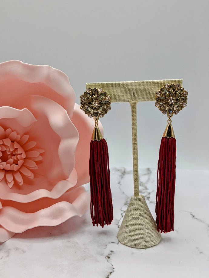 Rhinestone Tassel Burgundy Earrings