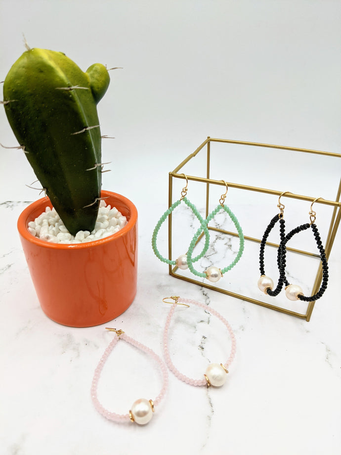 Crystal Teardrop Hoop w/ Pearl Earrings