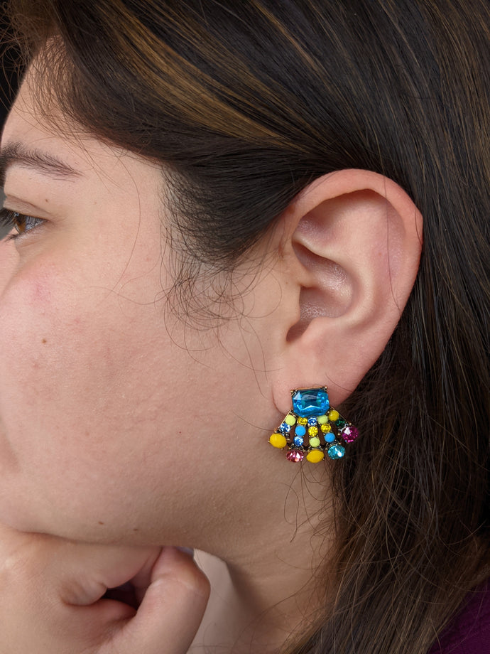 Fan Shaped Multi Crystal Earrings