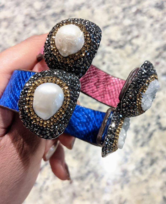 Snake Skin Druzy, Pearl & Marcasite Cuff Bracelet